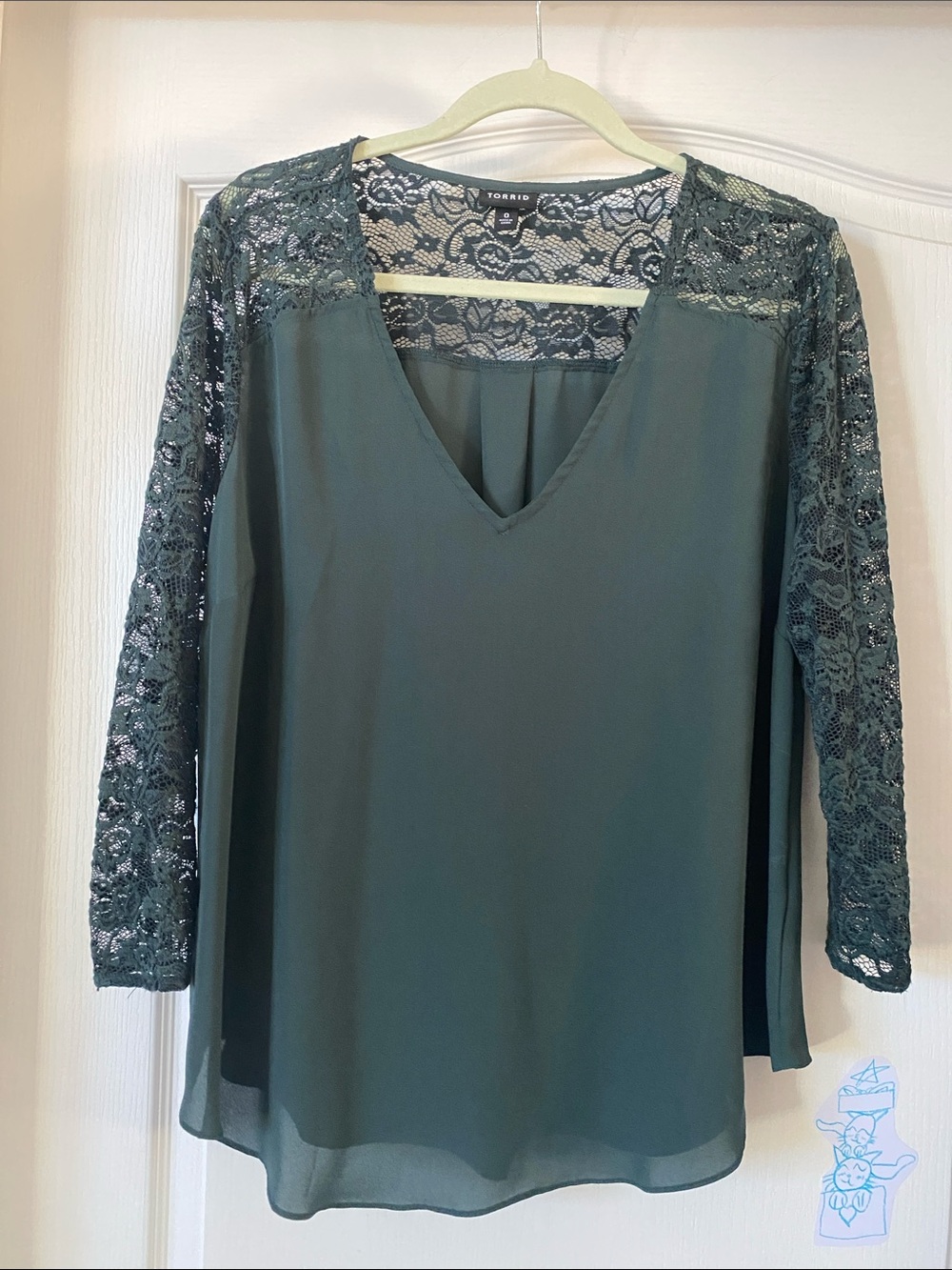 torrid Forest Green V-Neck Blouse with Lace Yoke & Sleeves
